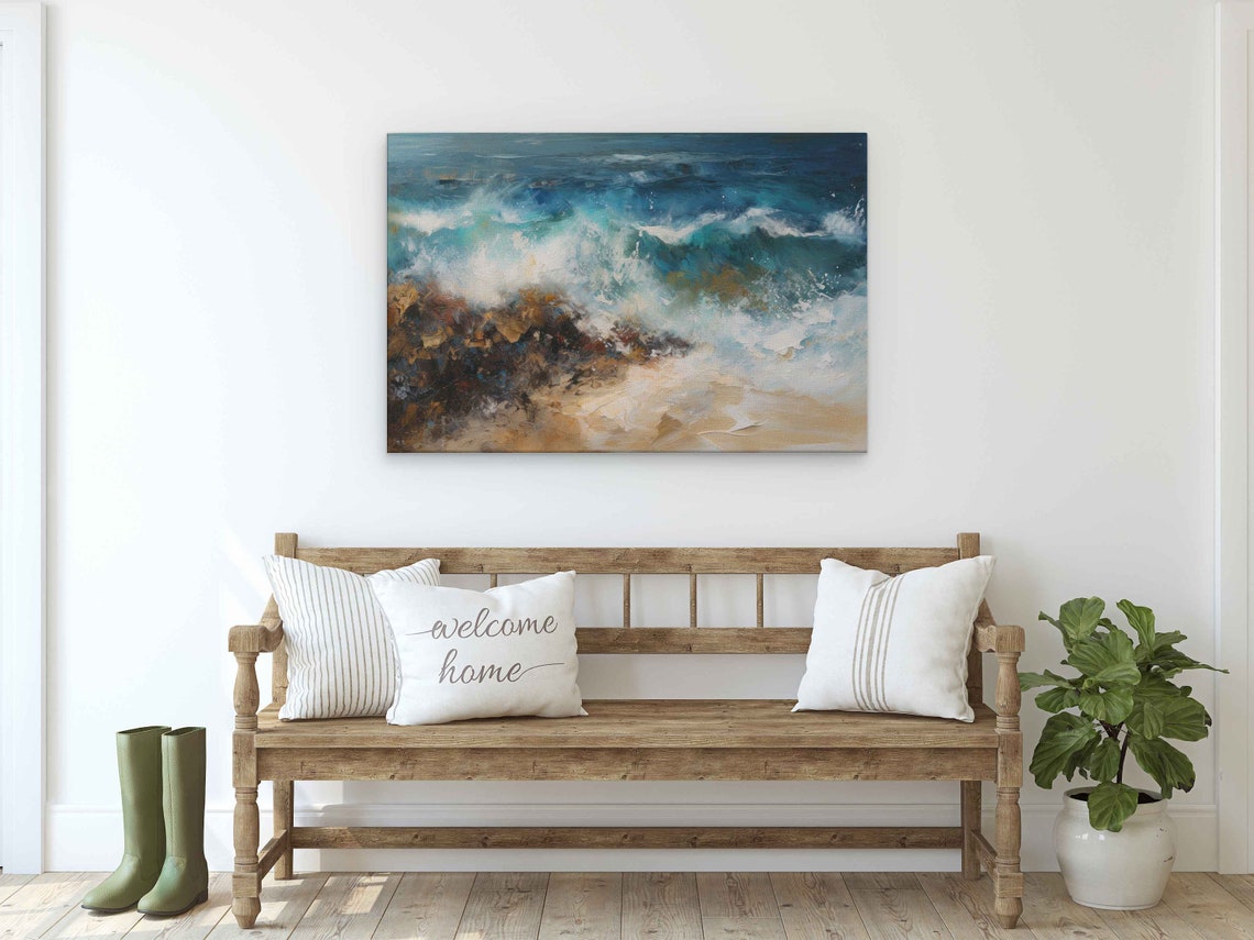 Abstract Ocean Waves Crashing On Golden Rocks Beach Painting Print - Image 2
