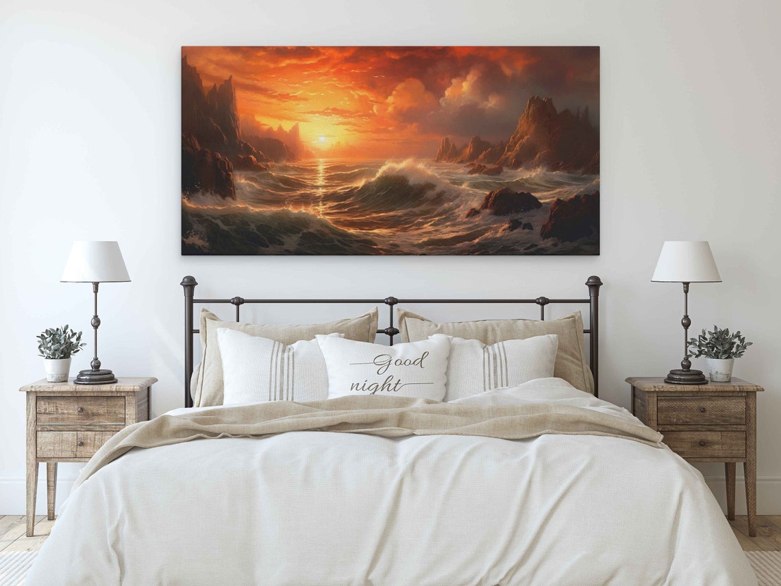 Crashing Ocean Waves at Sunset Rocky Cliffs Seascape Painting Poster - Image 3