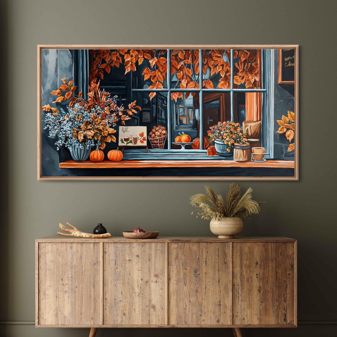 Autumn Cafe Window With Pumpkins And Coffee Painting Art Print