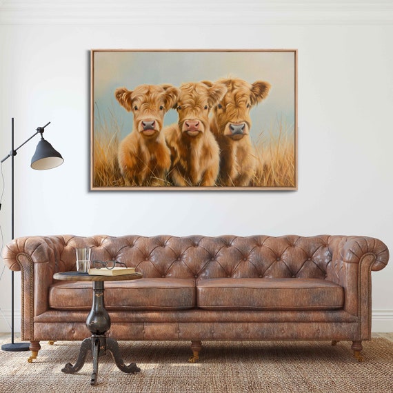 Adorable Baby Highland Cows Trio Wall Art Print Cute Animal Painting Scottish Wall Art Gift For Her Ready To Hang