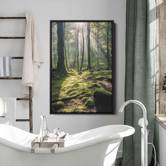 Sunlight Filtering Through Tranquil Forest Wall Art Print Peaceful Nature Wooded Flowing Stream Ready To Hang