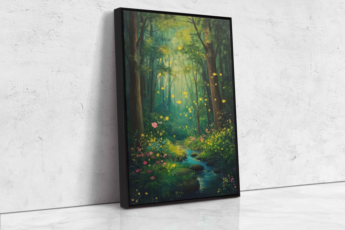 Enchanted Forest Stream With Fireflies And Wildflowers Painting Poster - Image 4