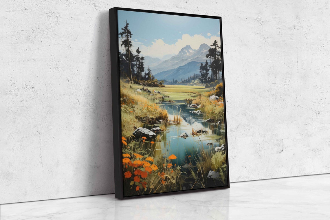 Watercolor Stream Wall Art Print Rural Life Old Wheat Fields Muntain Range Cloudy Skies Ready To Hang - Image 4