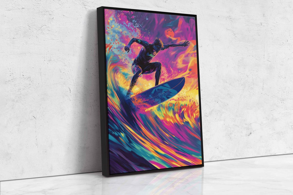 Pop Art Surfer Catching Wave Wall Art Print Gift For Surfer Blue Water Vibrant Colors Ready To Hang - Image 4