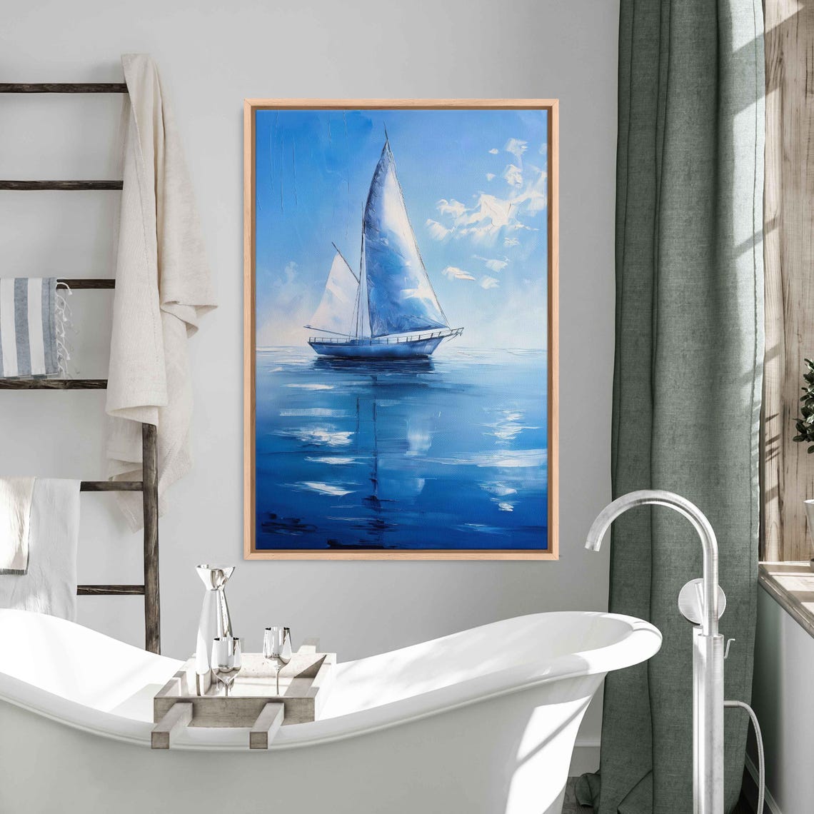 Sailboat Gliding On Mirror Calm Blue Ocean Minimalist Art Poster