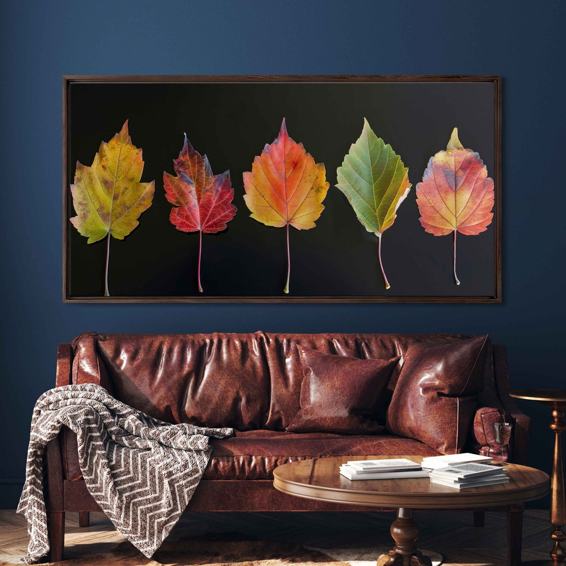 Five Autumn Leaves In A Row On Black Background Nature Photo Poster - Image 3