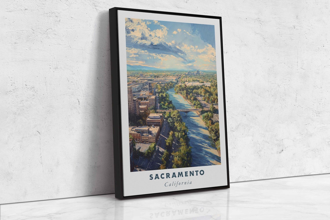 Sacramento California River Bend City View Golden Light Travel Poster - Image 2