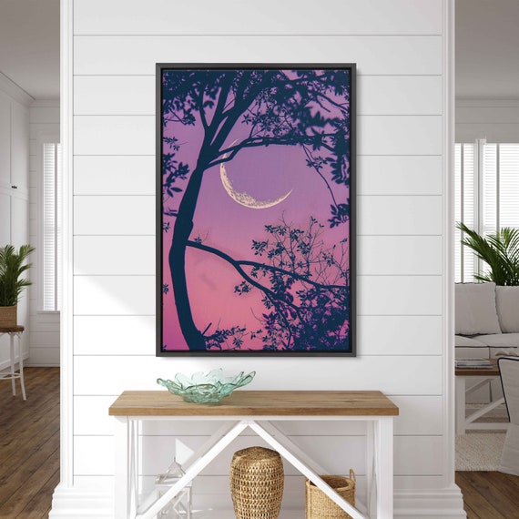 Crescent Moon Shown Through Tree Branches Wall Art Print Vibrant Pink Sky Nature Painting Ready To Hang