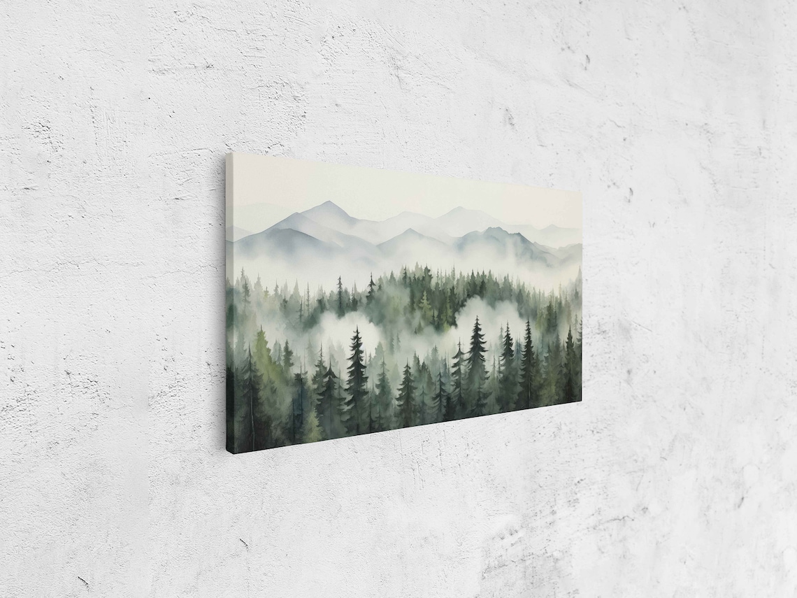 Foggy Forest Tree Line Watercolor Wall Art Print Mountain Range Ready To Hang - Image 4