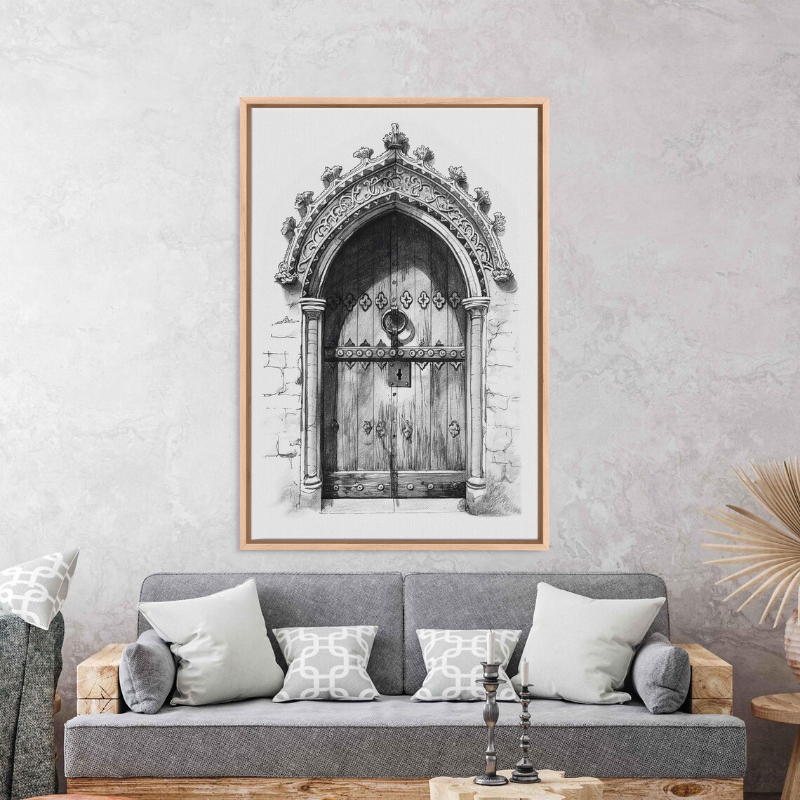 Ornate Gothic Castle Door Ink Sketch With Carved Stone Archway Medieval Art Poster - Image 3