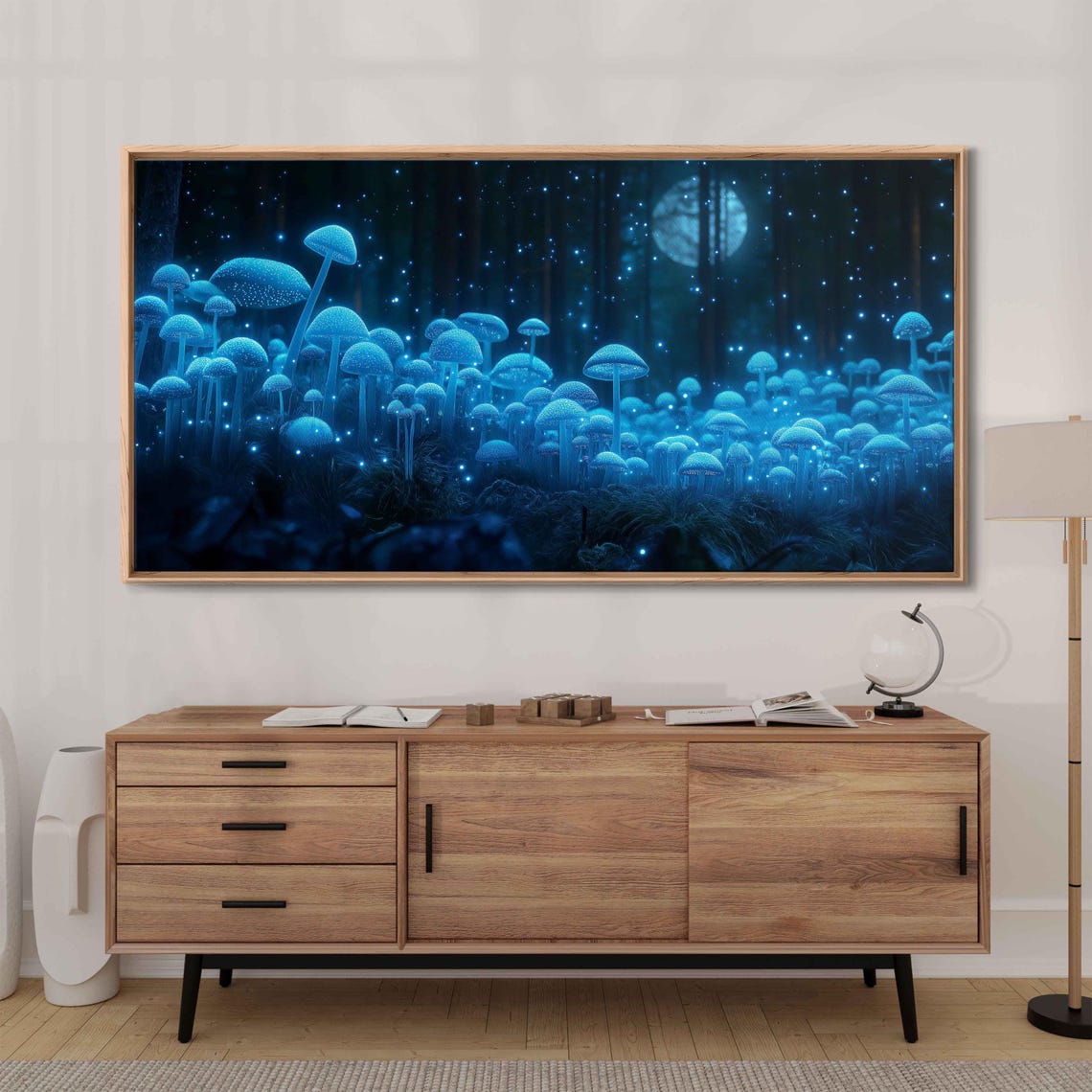 Glowing Blue Mushroom Forest Moonlit Sapphire Fantasy Night Poster
