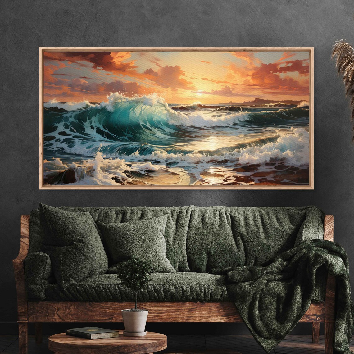 Crashing Ocean Waves Sunset Panoramic Teal Surf Seascape Painting Poster