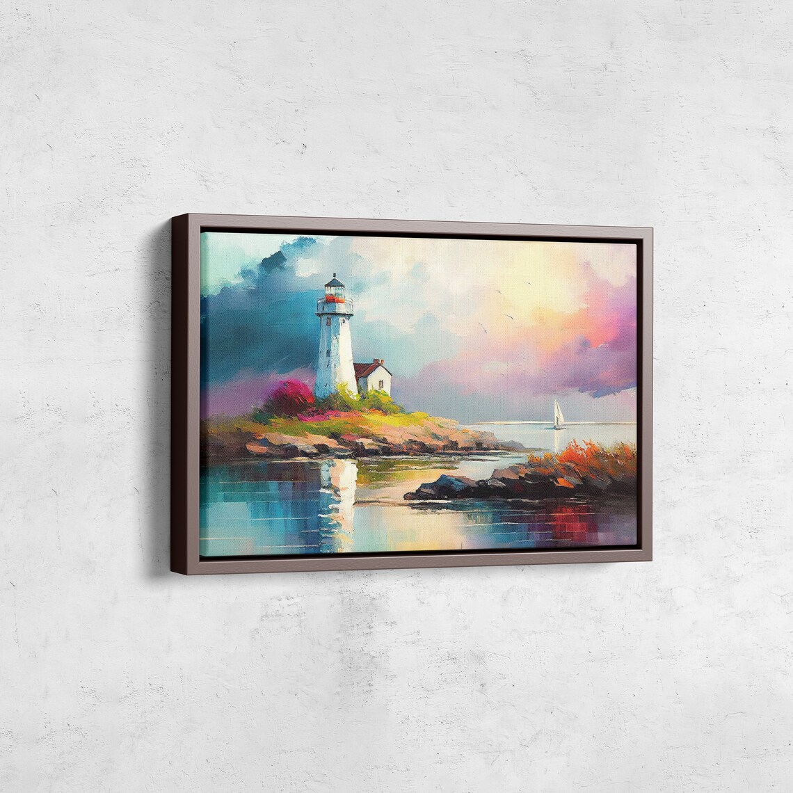 Lighthouse Island Sunset Sailboat Colorful Coastal Seascape Oil Painting Poster - Image 2