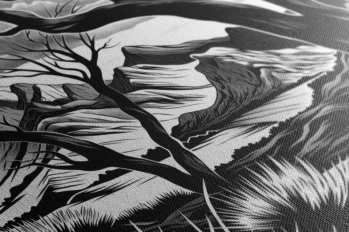 Black And White Desert Mountains Bare Trees Illustration Print - Image 2