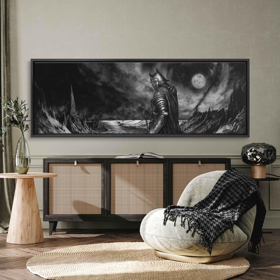 Gothic Knight Overlooking Dark Moonlit Fantasy Seascape Monochrome Ink Art Poster