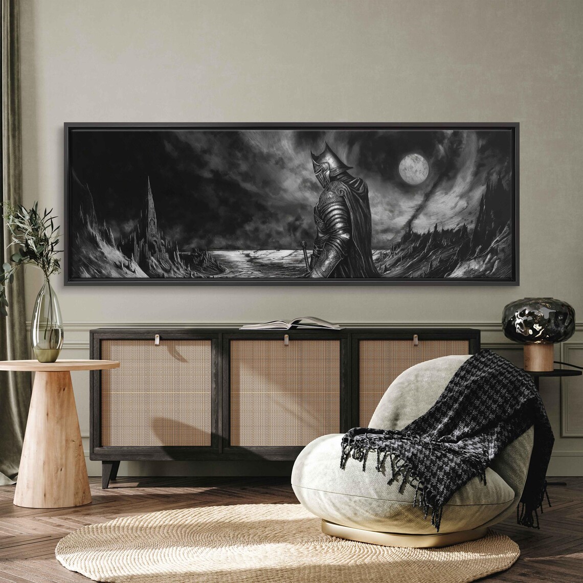 Gothic Knight Overlooking Dark Moonlit Fantasy Seascape Monochrome Ink Art Poster