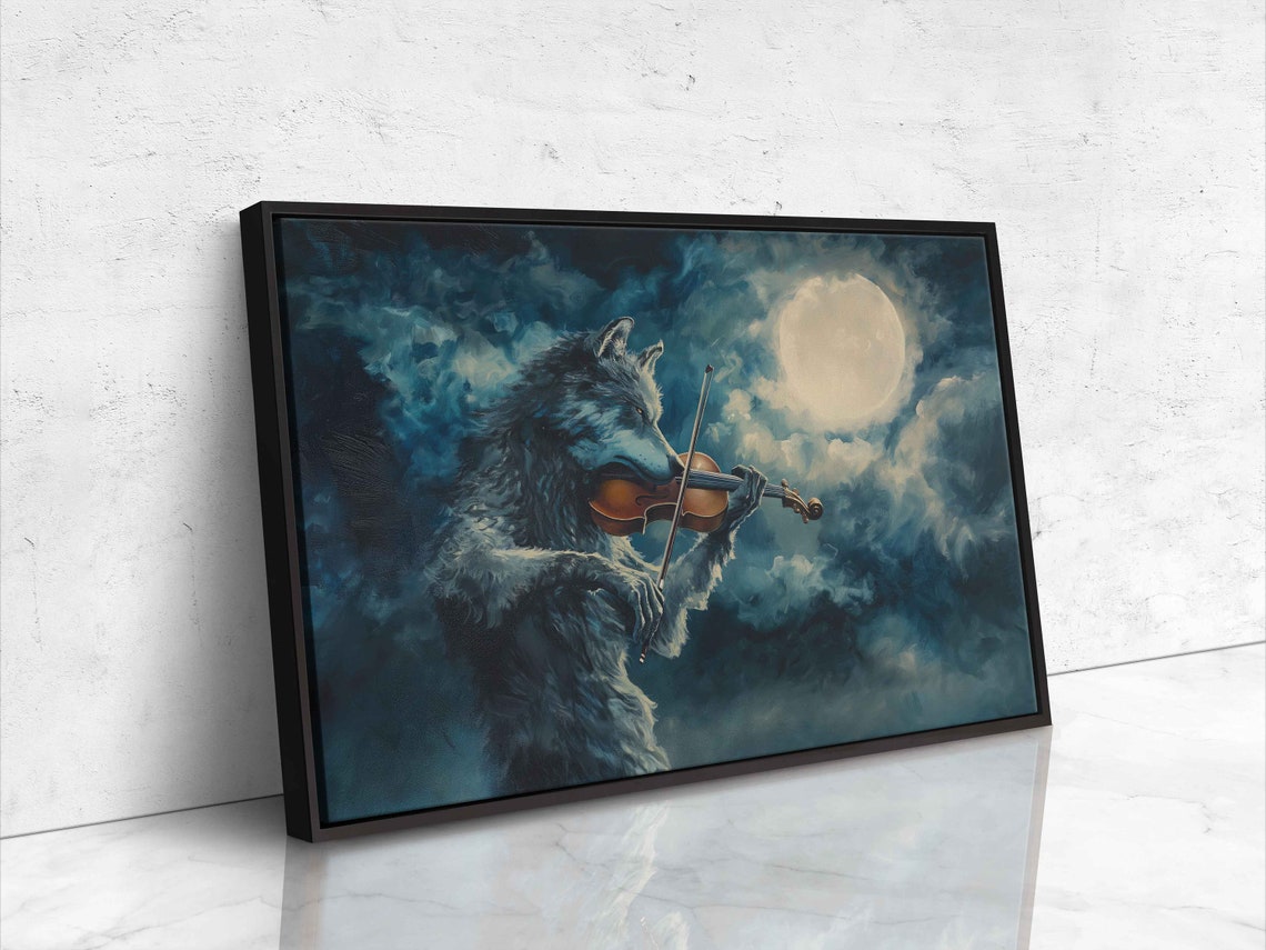 Mystical Wolf Playing Violin Under Full Moon Night Sky Poster - Image 4