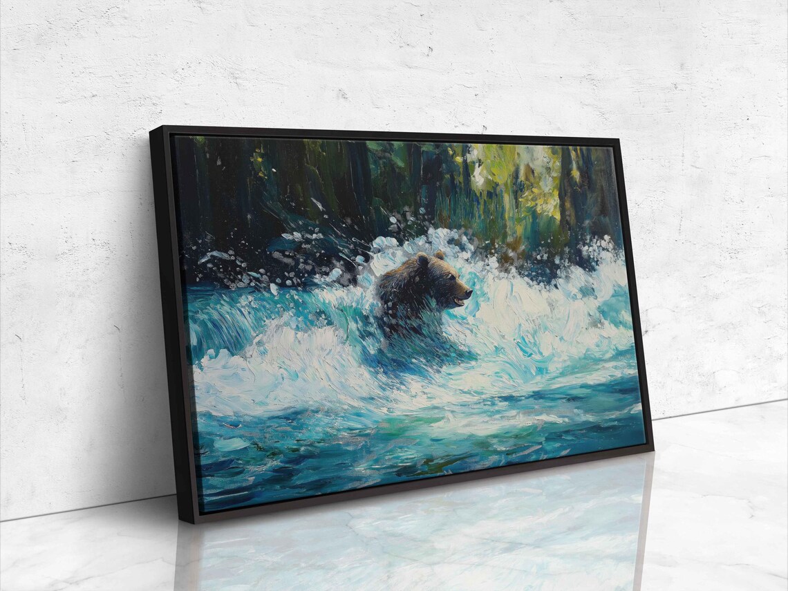Grizzly Bear Fishing Expressive Oil Painting Rapids Dynamic Art Poster - Image 4