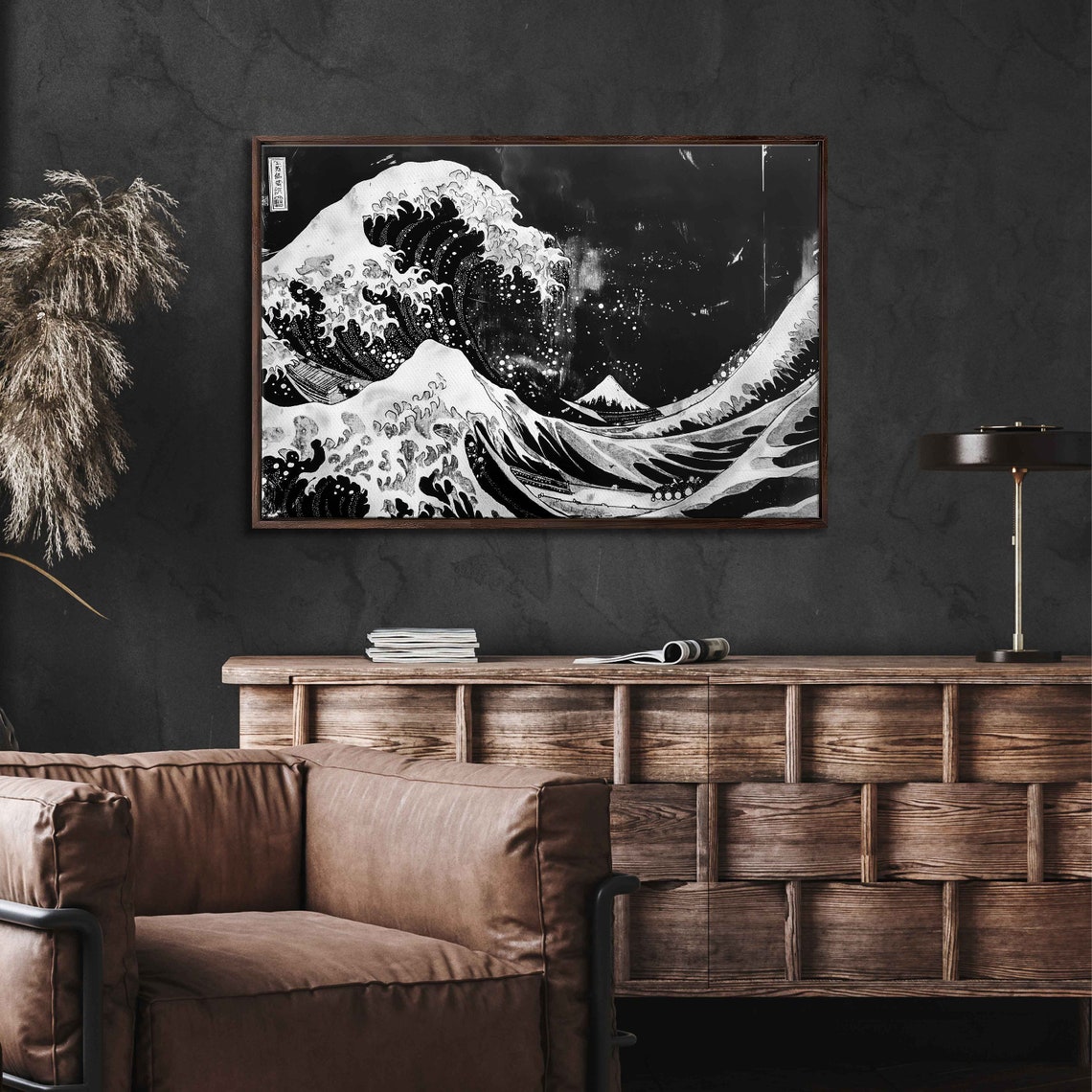 Hokusai Great Wave Monochrome Black Japanese Woodblock Style Art - Image 3