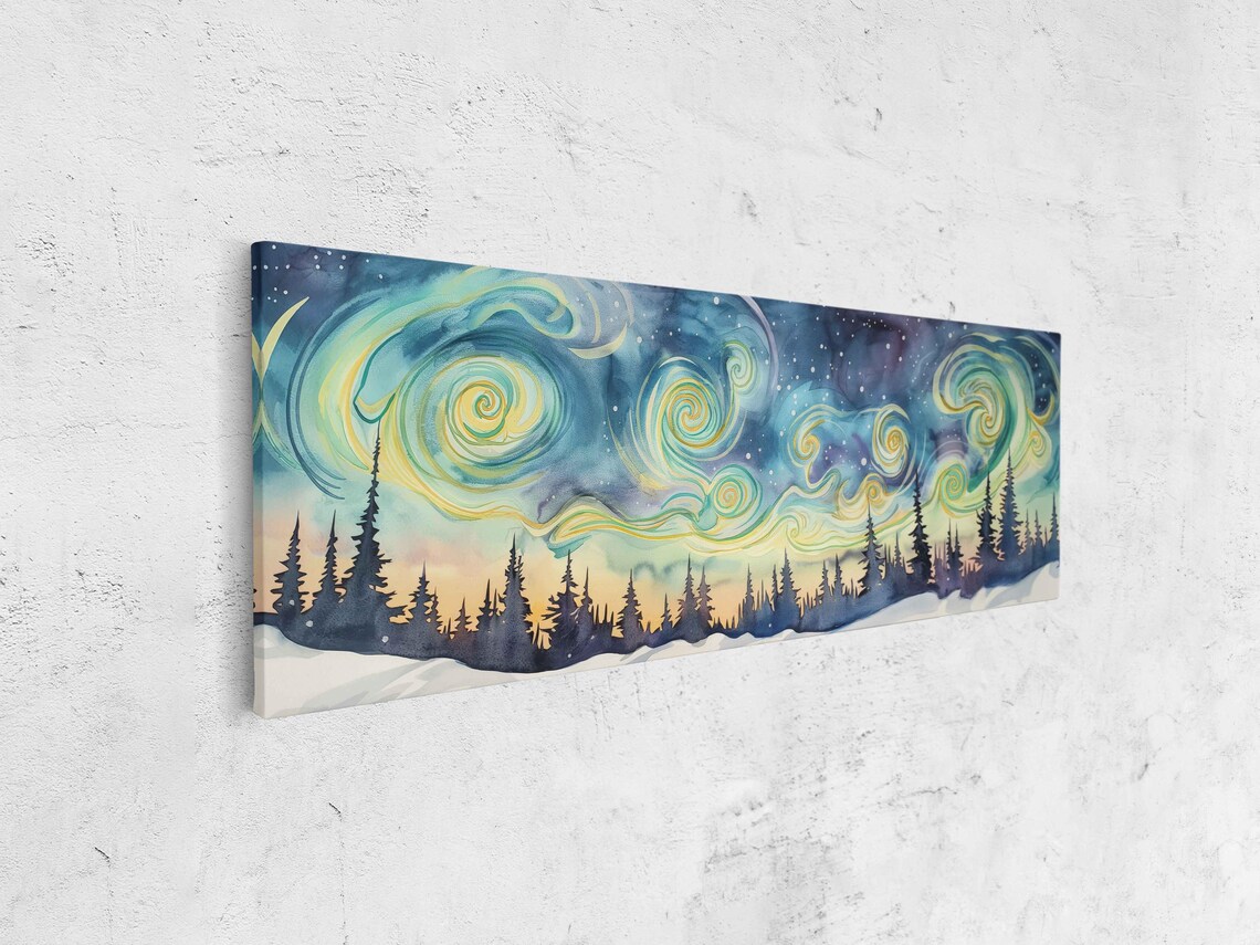 Van Gogh Style Starry Night Sky Over Snowy Pine Forest Watercolor Poster - Image 4