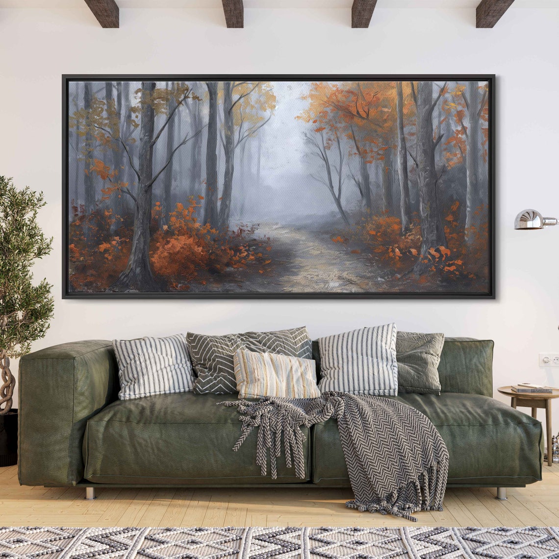 Foggy Woodland Path With Tall Grey Trees And Orange Underbrush Poster
