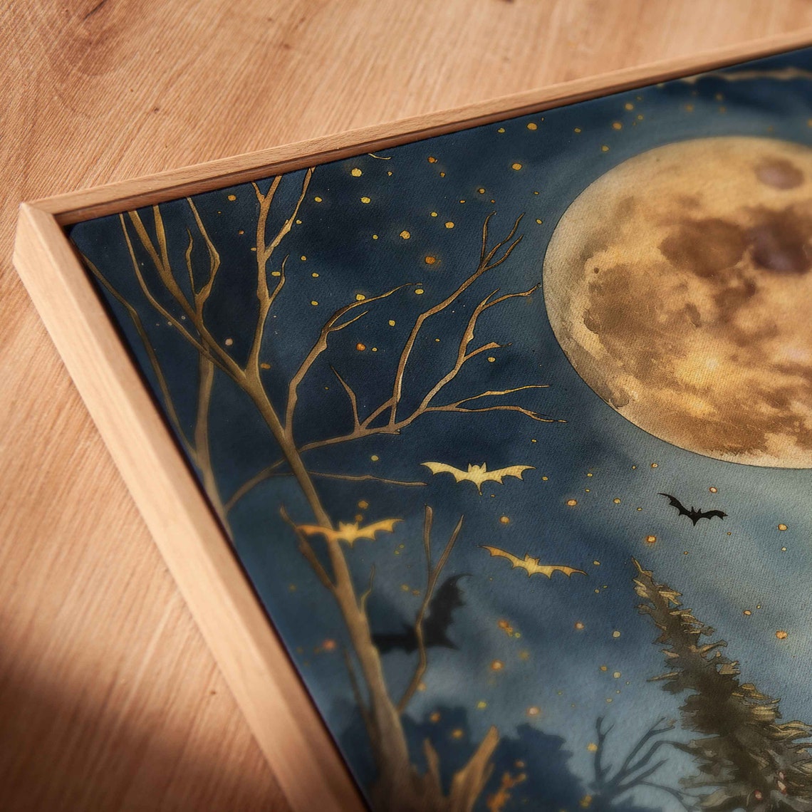Moonlit Pumpkin Patch Glowing Jack O Lanterns Bats Autumn Print - Image 2