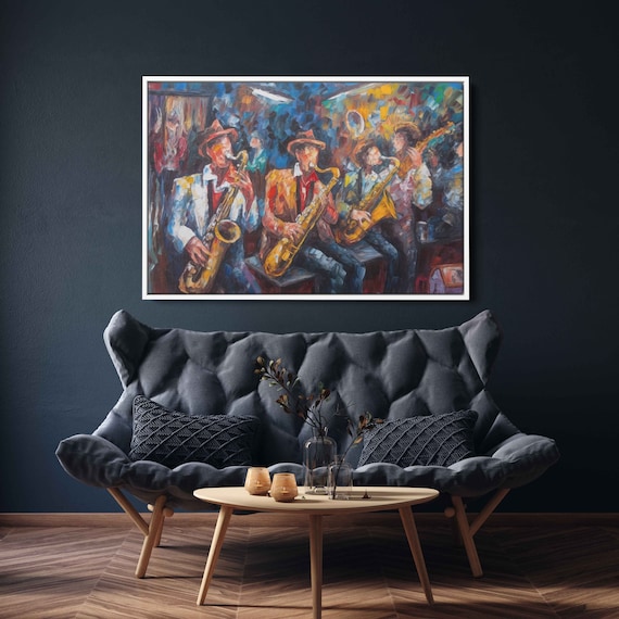 Three Jazz Saxophonists Club Stage Colorful Oil Painting Music Concert Poster
