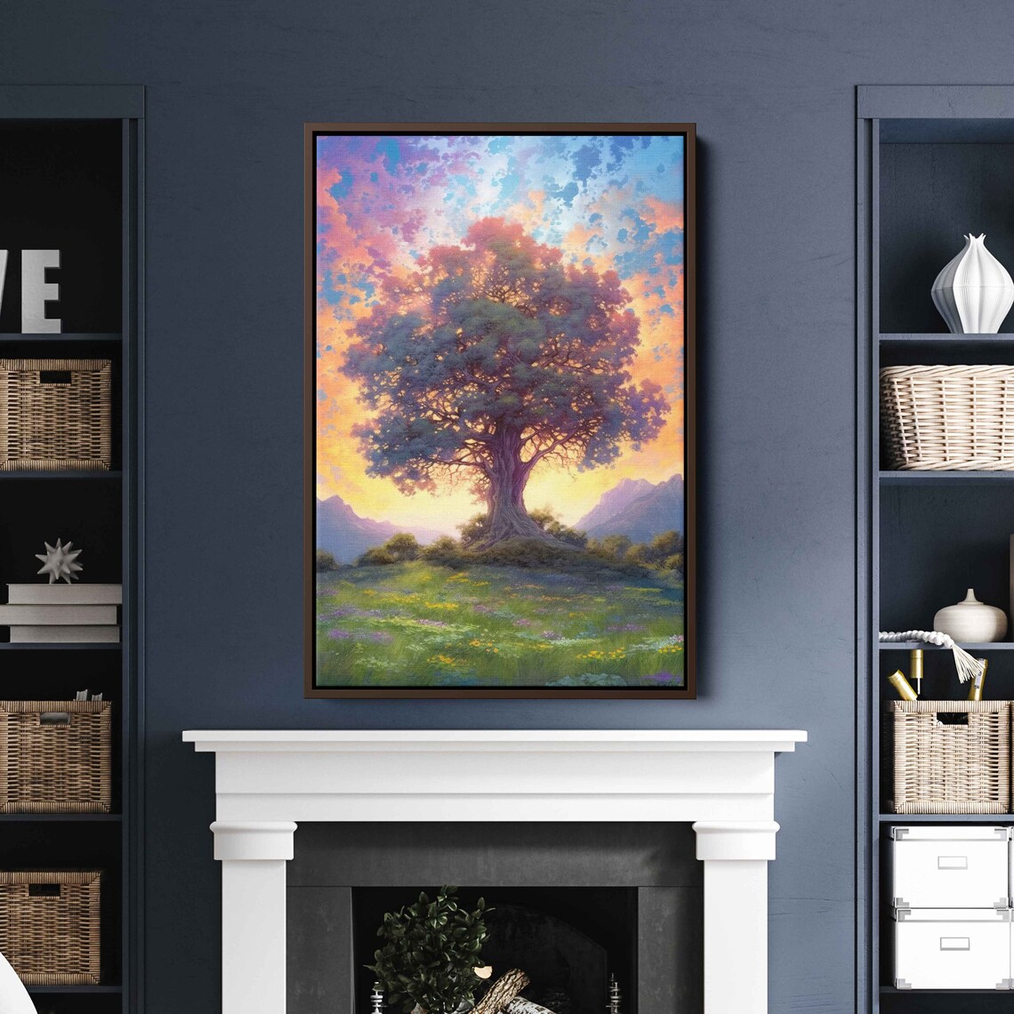 Colorful Ancient Tree In An Open Field Colorful Cloudy Skies Framed Print Ready To Hang - Image 3