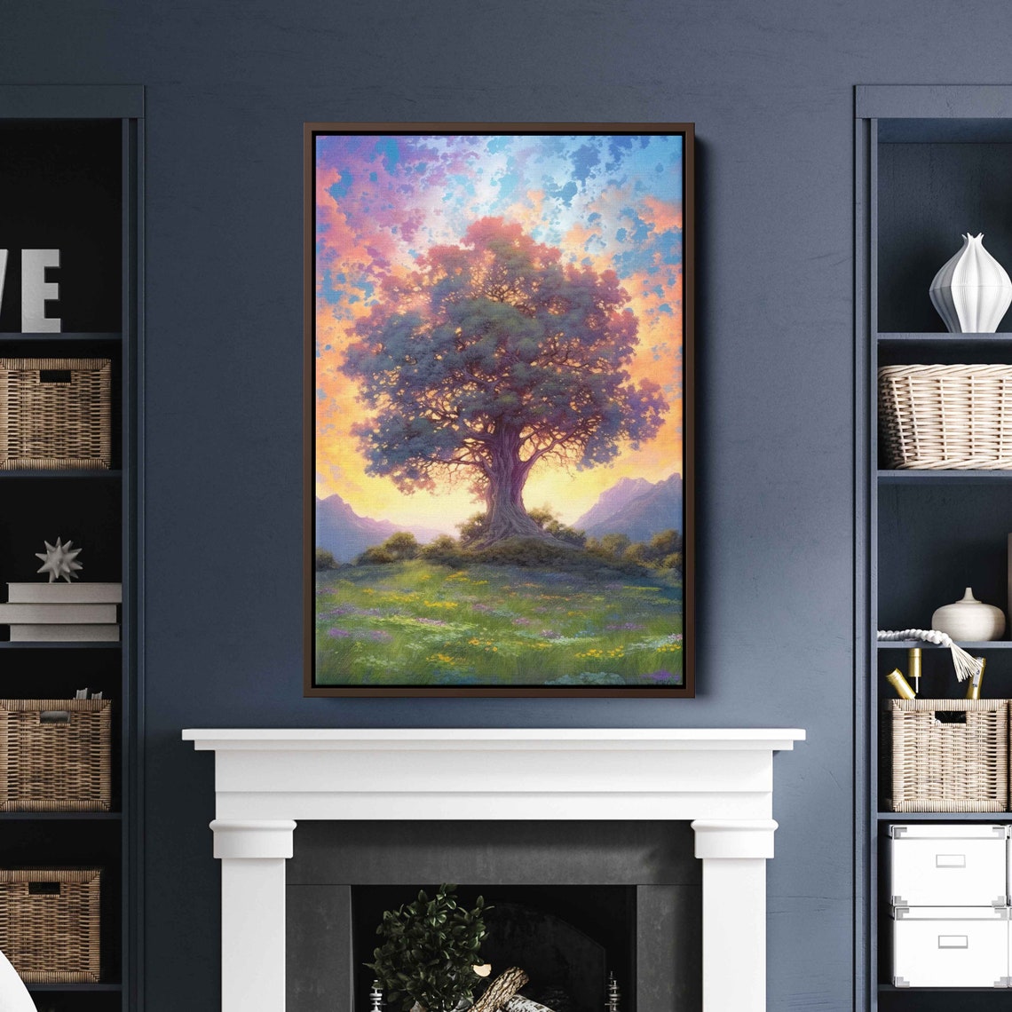 Majestic Tree at Sunset Mountain Backdrop Wildflower Meadow Art Poster - Image 3