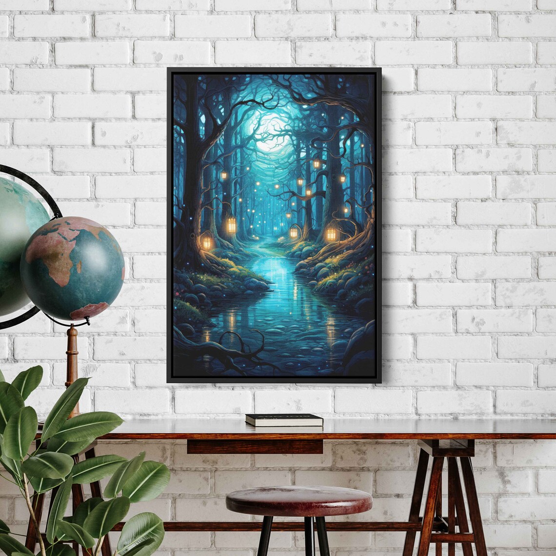 Enchanted Lantern Forest Winding Stream Magical Pond Fantasy Art Wall Art Print Ready To Hang - Image 2