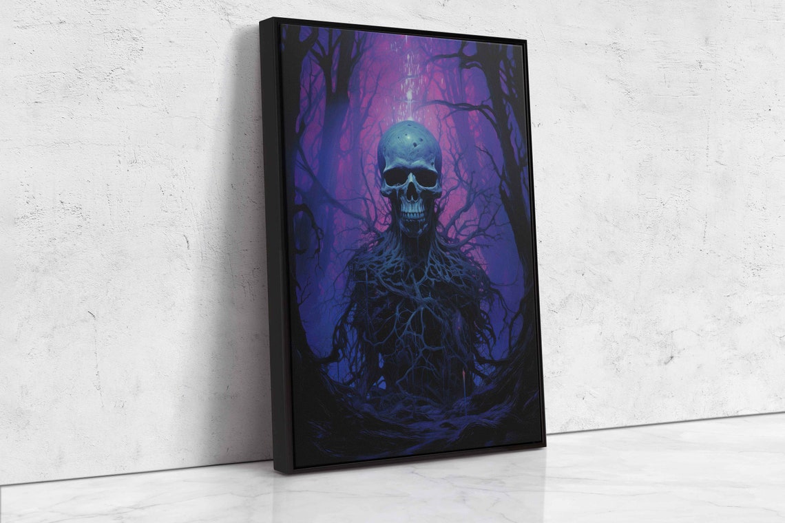 Haunted Skull Emerging From Roots Magenta Forest Halloween Art Poster - Image 4