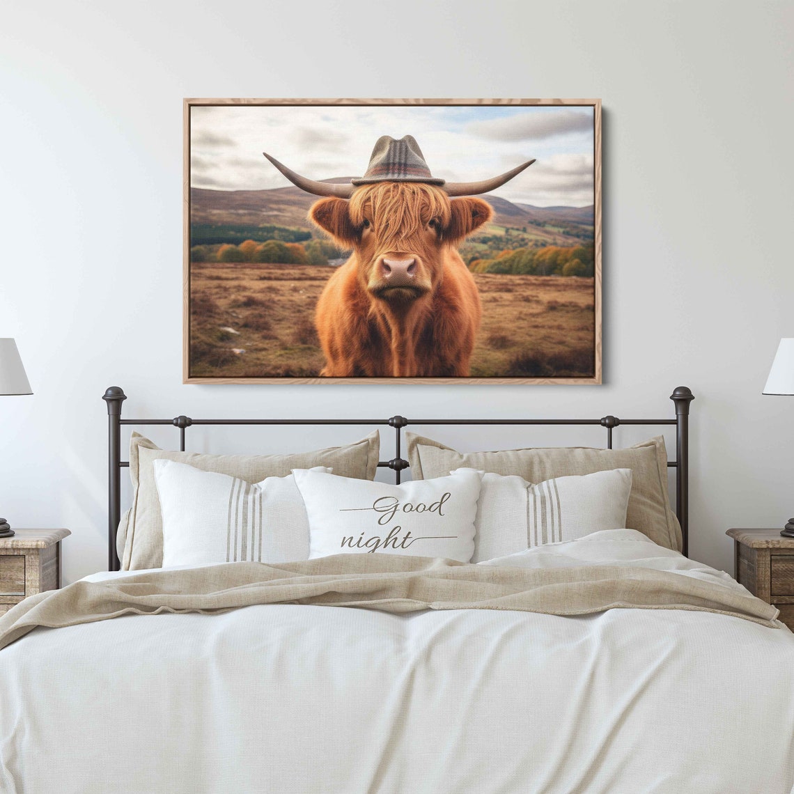 Highland Cow Wearing Hat Rustic Farm Animal Funny Cow Wall Art Print - Image 3