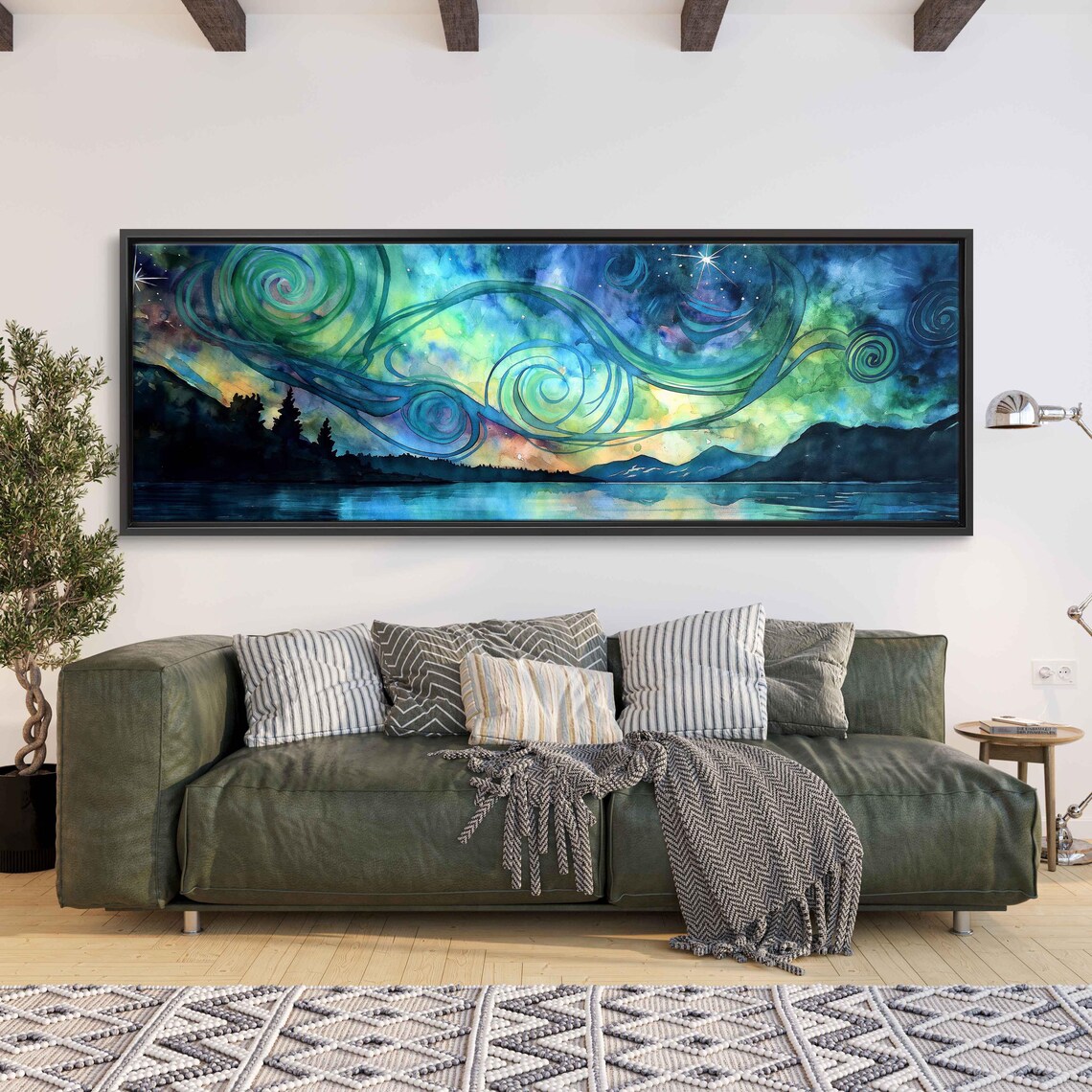 Watercolor Aurora Ribbons Flowing Over Mountain Lake Night Sky Wall Poster