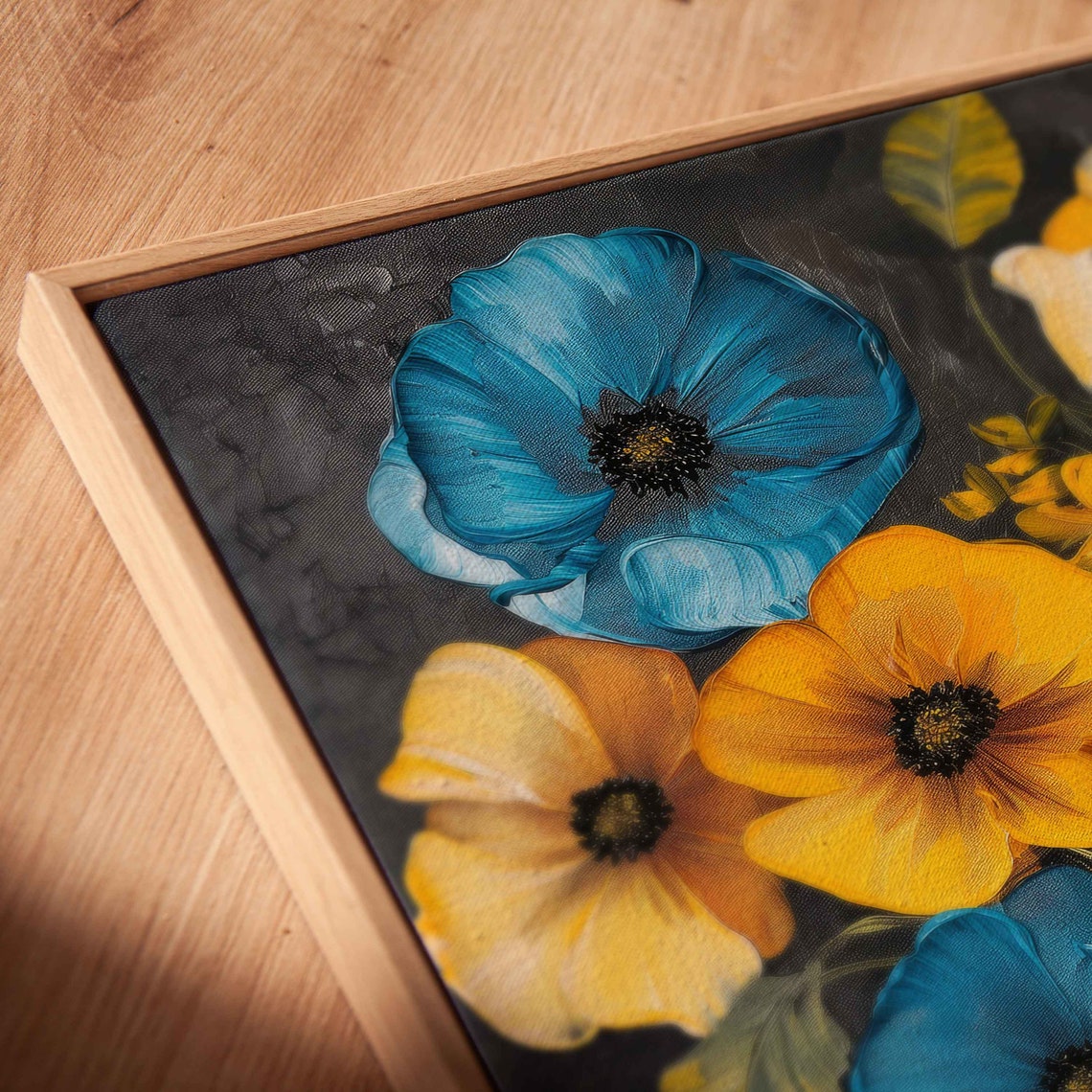 Poppy Bouquet Blue Yellow Red Blooms Dark Background Painting Poster - Image 2