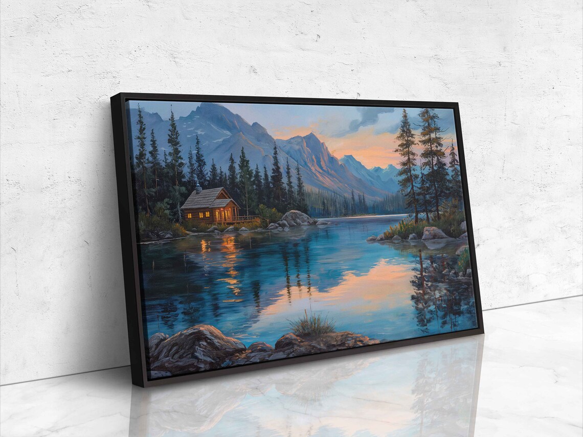 Log Cabin on Mountain Lake at Dusk, Art Print - Image 4