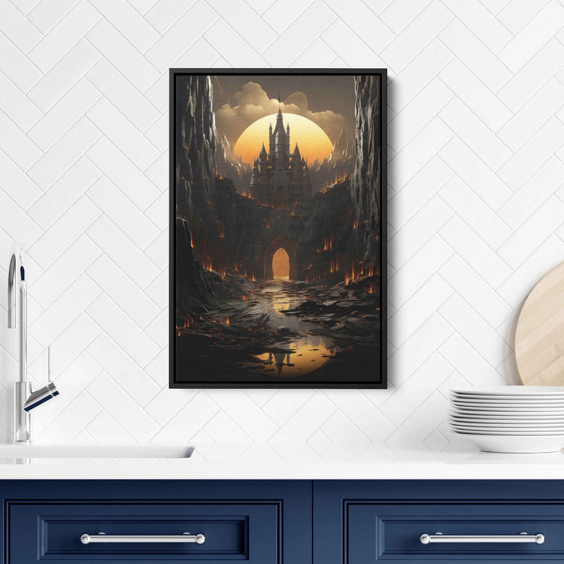 Dark Distant Sunrise Castle Wall Art Print Creepy Pathway Fantasy Art Mountain Crag Ready To Hang - Image 3