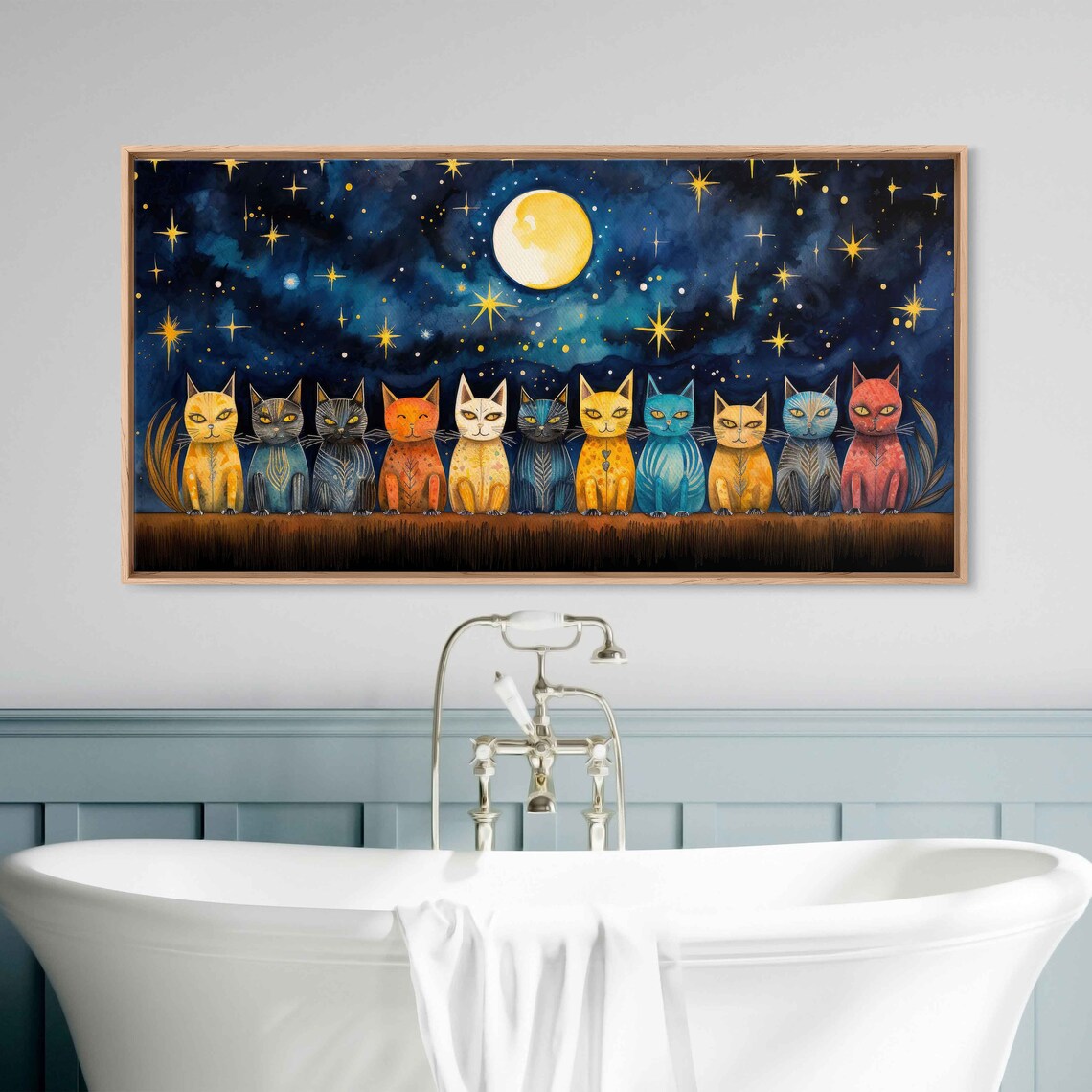 Celestial Cats Watercolor Art Print, Stars And Moons