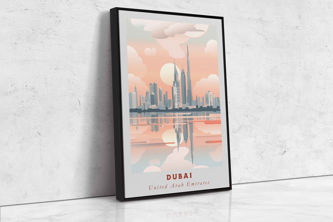 Dubai UAE Burj Khalifa Skyline Water Reflection Sunset Travel Poster - Image 2