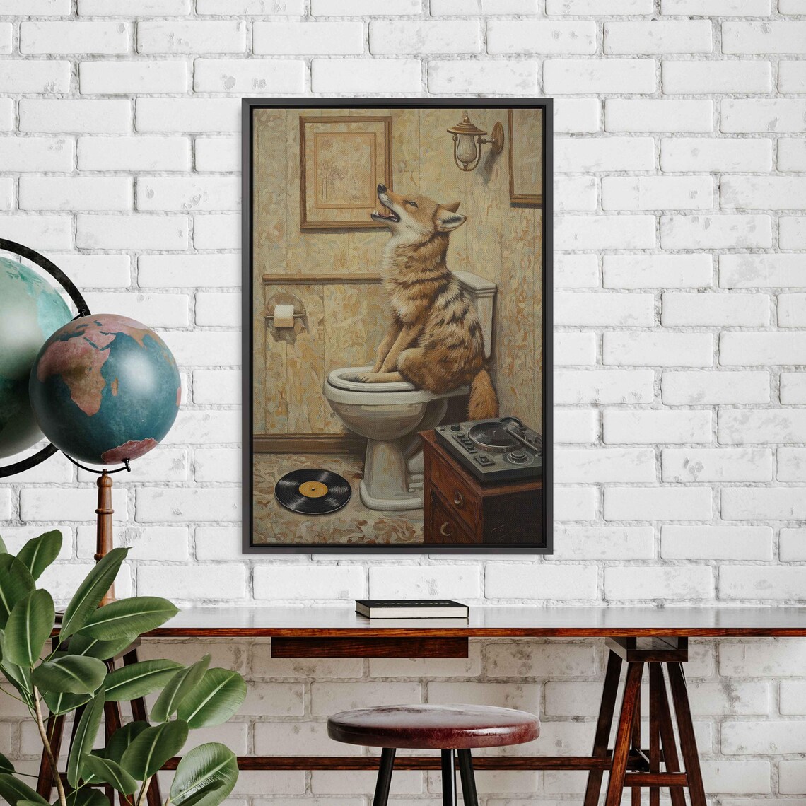 Whimsical Coyote Howling On Toilet With Turntable Vintage Music Poster