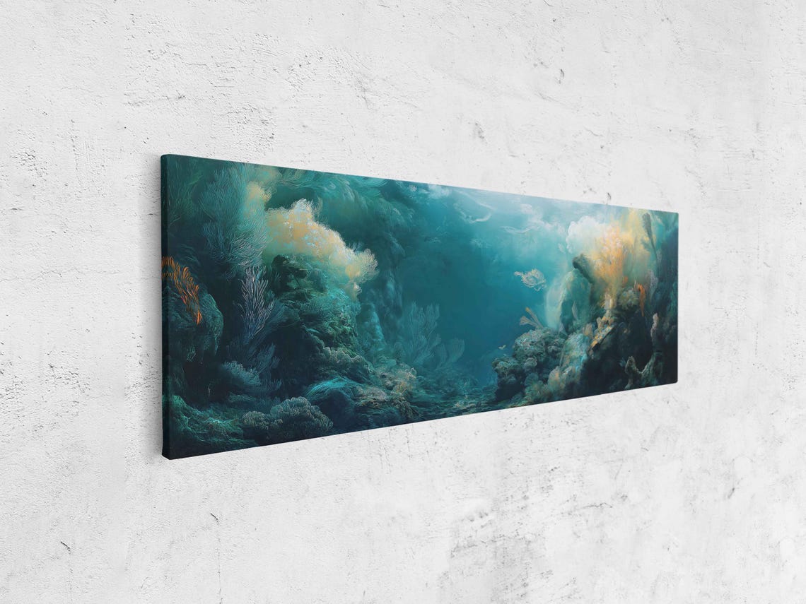 Imaginary Underwater Realm Dreamlike Coral Reef Teal Gold Art Poster - Image 4