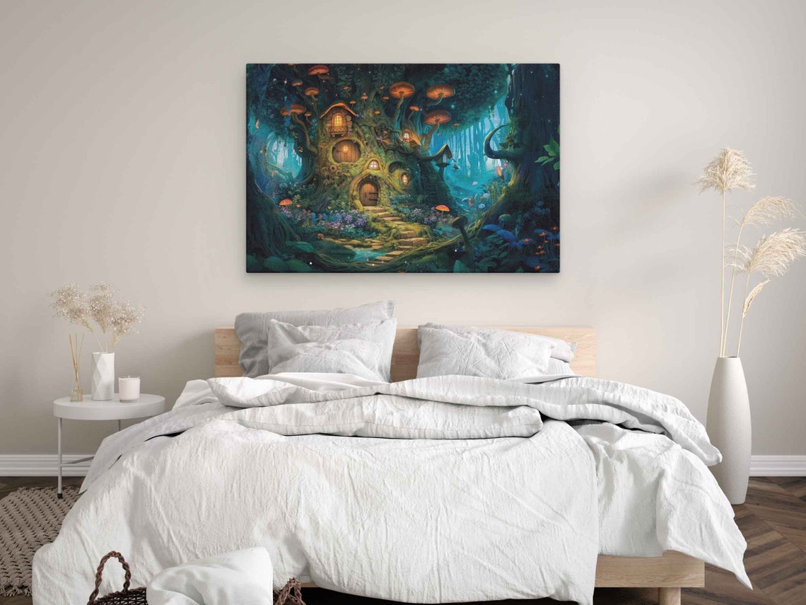 Enchanted Mushroom Treehouse Magical Glowing Forest Fantasy Art Poster - Image 3