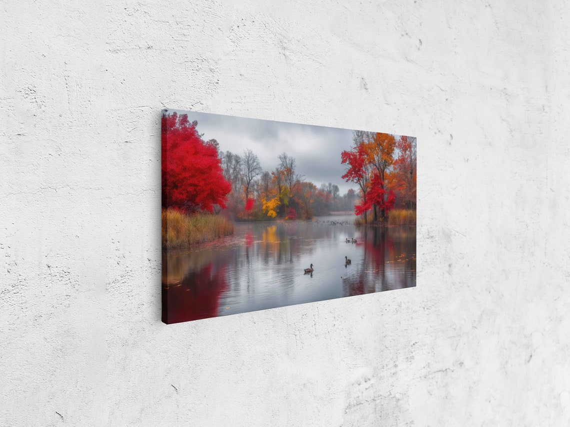 Tranquil Autumn Pond Ducks Calm Water Fiery Maple Reflections Poster - Image 4