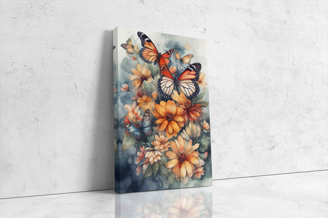 Monarch Butterflies With Orange Flowers Watercolor Painting Art Poster - Image 4