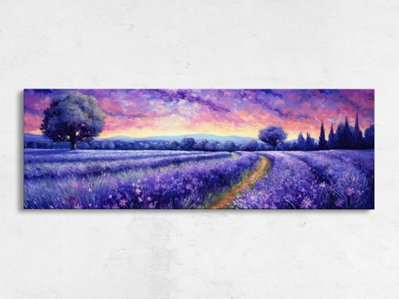 Colorful Lavender Field Panoramic Painting Reproduction Print Ready To Hang Starry Night Sky