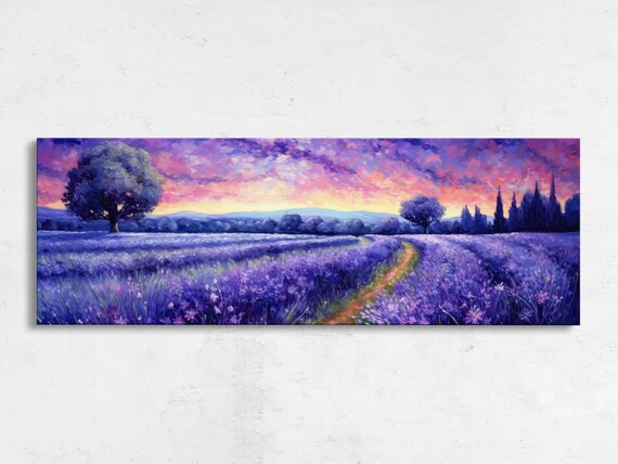 Lavender Field Winding Path Pink Sunset Panoramic Painting Poster