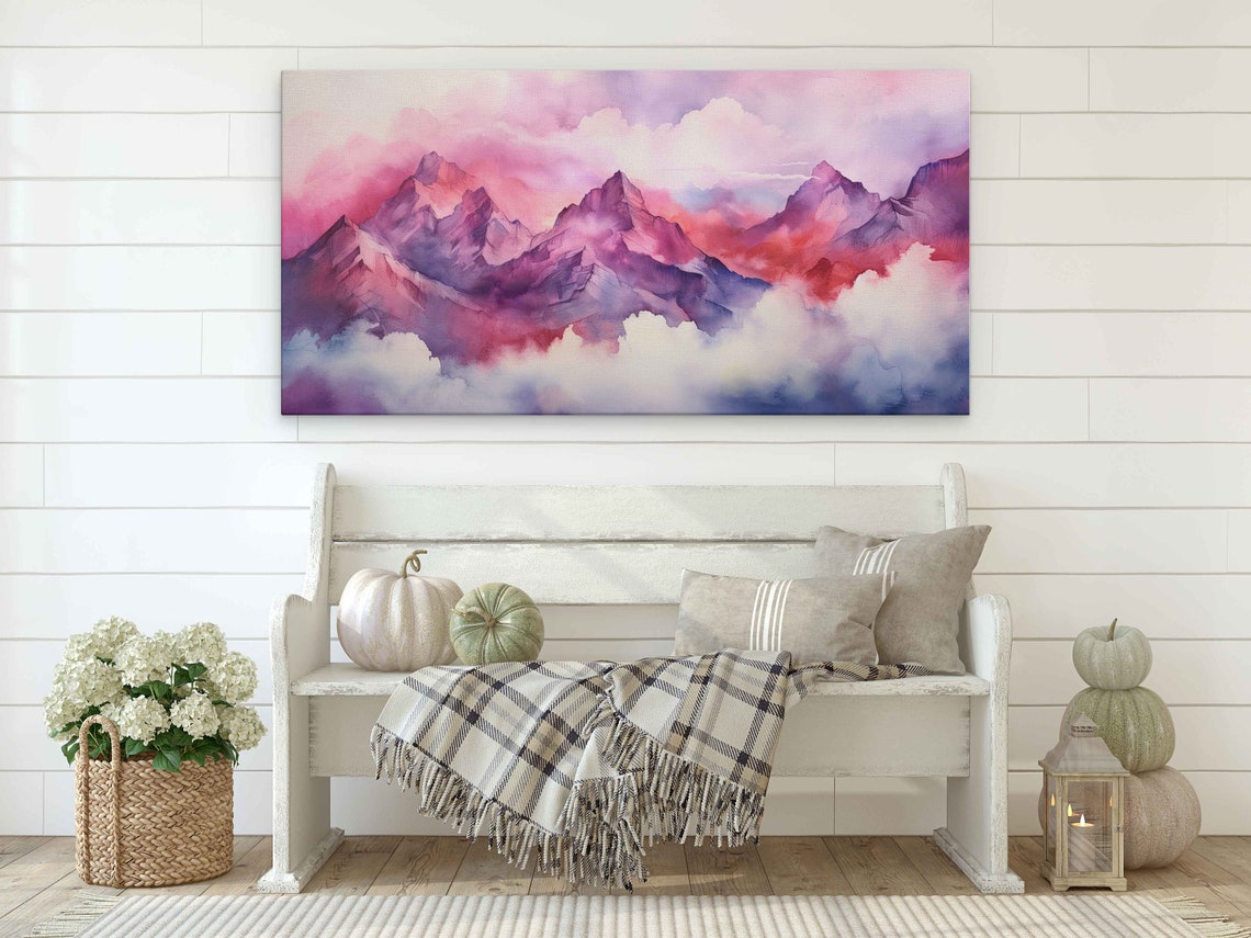 Pink Purple Mountains Above Clouds Watercolor Landscape Art Poster - Image 4