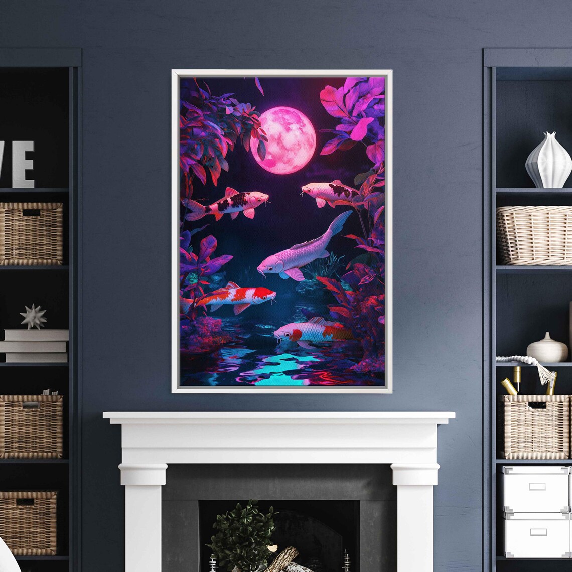 Koi Fish Pond Wall Art Print Neon Colors Luminous Pink Moon Ukiyo E Inspired