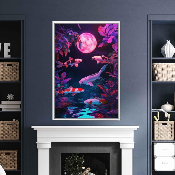 Koi Fish Pond Wall Art Print Neon Colors Luminous Pink Moon Ukiyo E Inspired