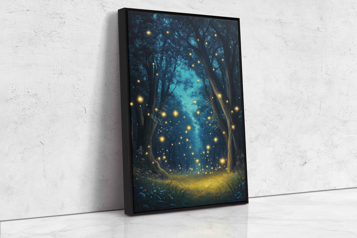 Magical Mooonlit Forest Glade Engulfed With Fireflies Oil Wall Art Print Fantasy Nature Art Enchanted Trees Ready To Hang - Image 4