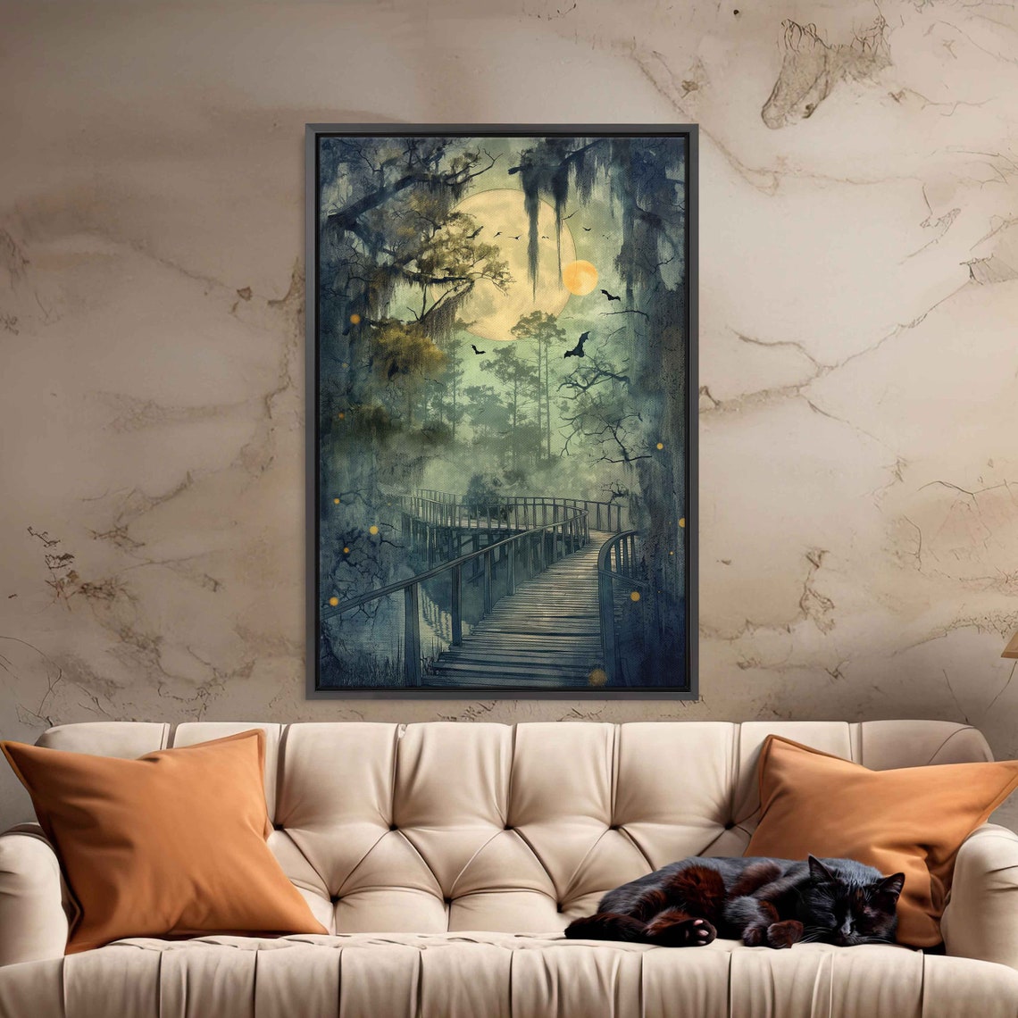 Misty Swamp Boardwalk Under Full Moon Bats Fireflies Night Poster - Image 3